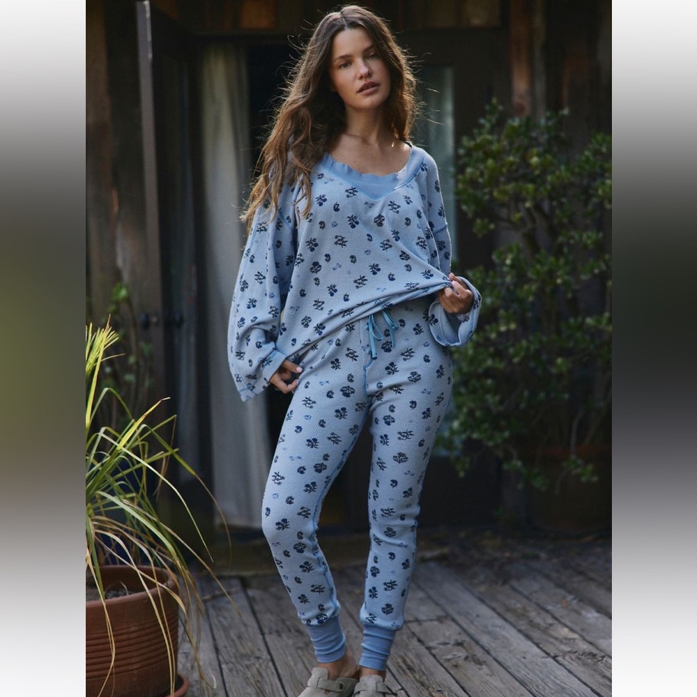 Free People Light Blue Floral Print Long Sleeve Pajama Set